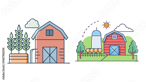 Minimalistic Cartoon Farm Scenes with Barns, Crops, and Silos in Bright Colors