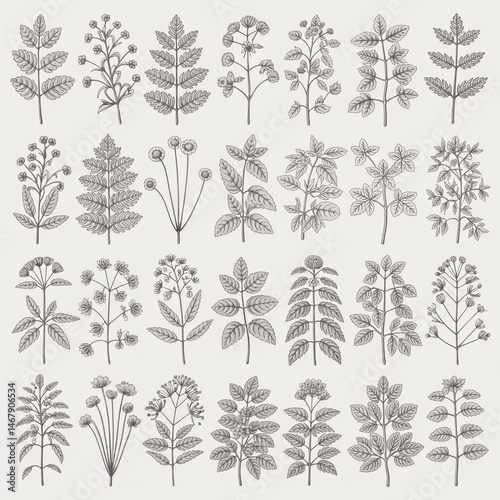 Wallpaper Mural A detailed black and white botanical illustration featuring 25 individual plant stems arranged in a grid pattern against a white background. Torontodigital.ca