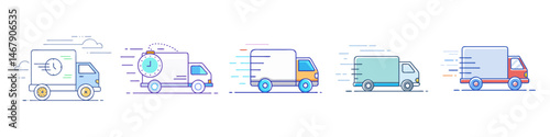 Five illustrated delivery trucks showing express delivery or fast shipping concept