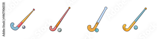 Variety of colorful hockey sticks and balls in cartoon style isolated