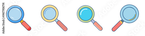 Four colorful cartoon magnifying glass icons in a row on white background