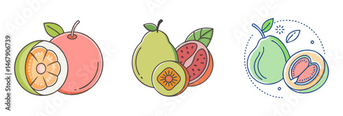 Three arrangements of whole and sliced pomelo fruit with leaves and stems