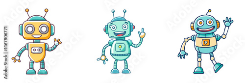 Cheerful Robots Series A Trio of Cartoon Style Automation with Expressions