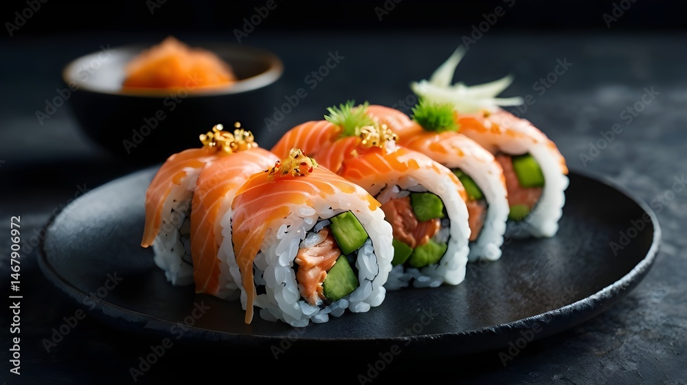 Sushi Rolls with Salmon, Veggies, and Sauce Sushi Rolls with Salmon, Veggies, and Sauce