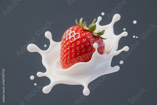 Realistic 3d render of a ripe strawberry immersed in a splash of fresh cream against a dark background