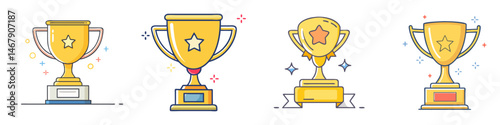 Collection of golden trophies representing success and awards in vector format