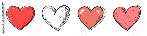 Four hearts in various shades of red and white with sketch effect