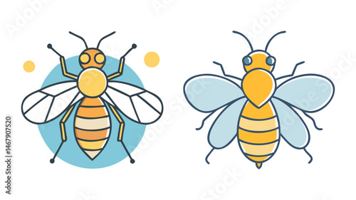 Two uniquely designed cartoon bees with different wing and abdomen patterns
