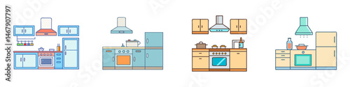Stylized kitchen layout designs in different colors with minimalist cartoon style