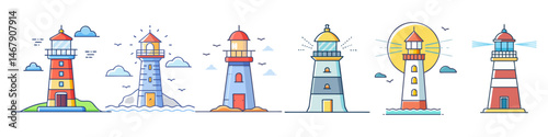 Illustration of a diverse set of lighthouses each with unique characteristics