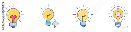 Illustrations of lightbulbs signifying different states of innovation and ideas process