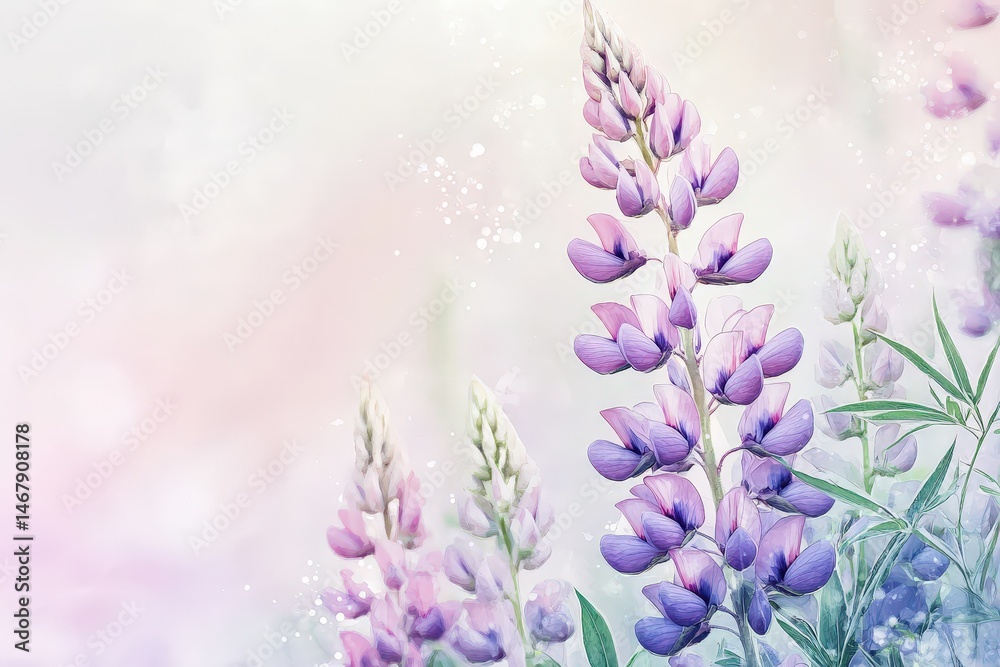 Obraz premium Delicate purple and pink lupine flowers in a soft pastel background.