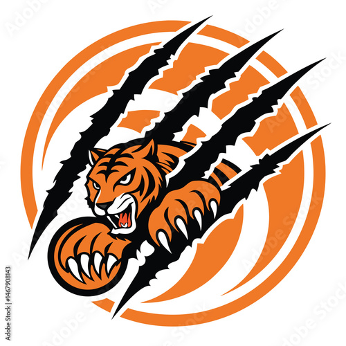 Design a logo a fierce tiger claw mark slashing diagonally across a stylized Silat script.  The claw should be sharp and dramatic.