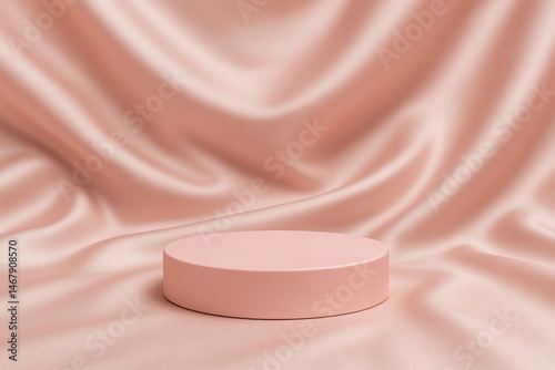 A soft blush pink pedestal stands elegantly on a smooth satin fabric backdrop, perfect for showcasing products or enhancing visual aesthetics in presentations.