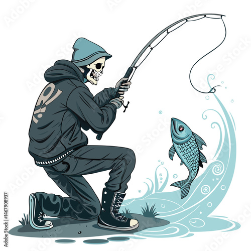 A surreal illustration of a skeletal figure, dressed in urban attire, fishing a ghostly fish from a polluted cityscape river.  The scene is dark and atmospheric.