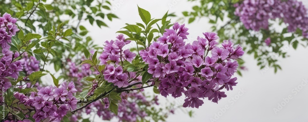 Obraz premium Vibrant purple blossoms, lush green foliage, white backdrop , lilac, green