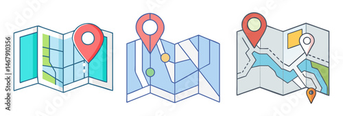 Three different cartoon style maps with different geographical locations with pins