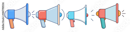Four colorful bullhorns in a cartoon style, showing propagation of sound