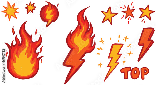 Fire, thunder, star doodle icon. Flame, lightning bolt, star crayon pencil simple scribble set. Hand drawn cartoon hot element. Flash lightning fire star pastel pattern bg. 