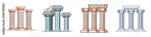 Stylized architectural columns in a cartoon style, representing different classical orders