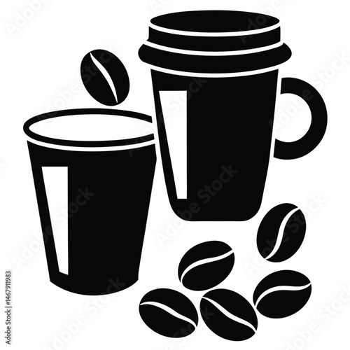 Coffee Drinks Iced Coffee and Hot Coffee in Cups and Beans