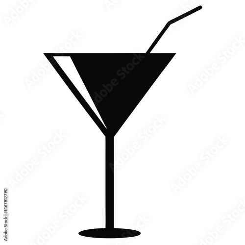 Simple black silhouette shows a martini glass with straw on clean white background