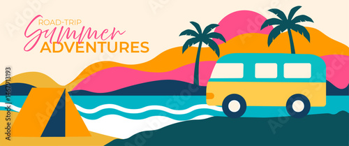 Road‑Trip Summer Adventures Hero Banner – Flat Vector Camper Van, Palm Sunset & Tent Illustration