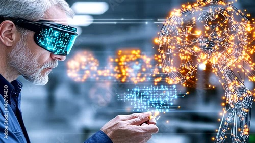 Man in virtual reality headset interacts with holographic engineering