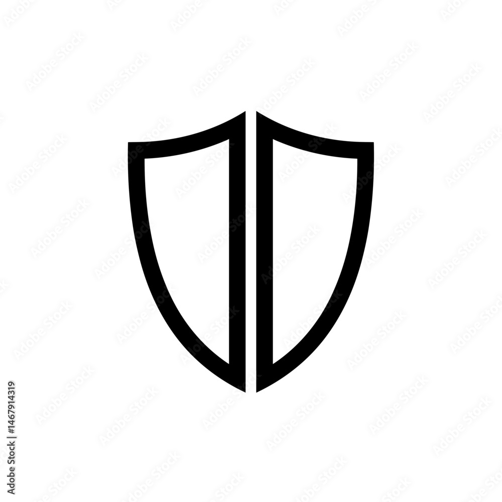Shield icon black and white with symmetrical split center Shield icon black and white with symmetrical split center