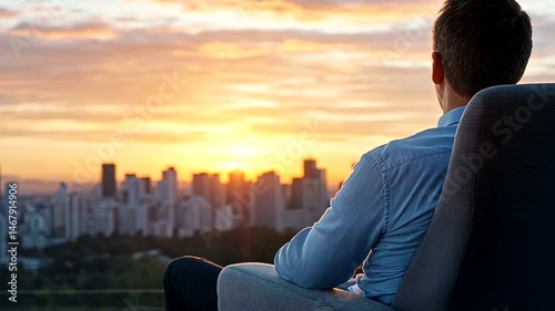Man overlooking cityscape at sunset