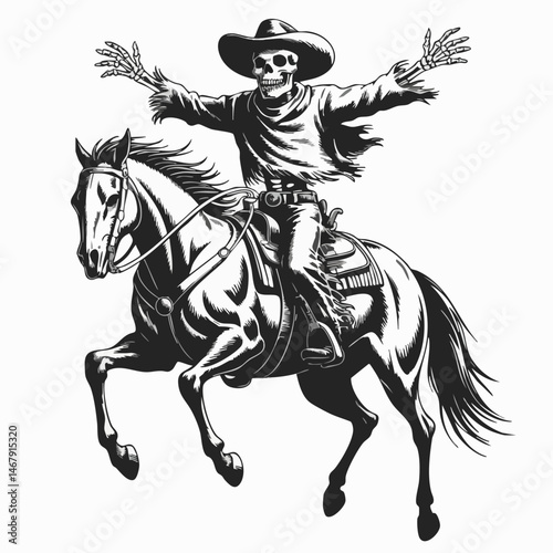 Striking Black and White Skeleton Cowboy Illustration – Triumphant Rider on Galloping Horse in Bold Western Linocut Style