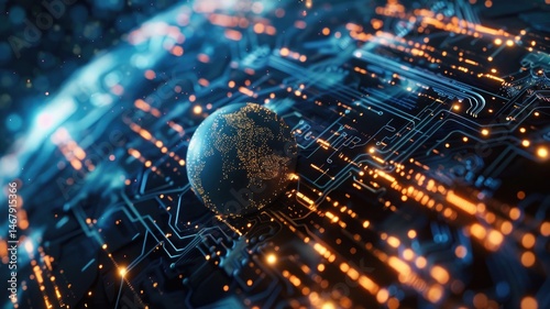 Abstract of science fiction scenery express high tech future city in cyberpunk style. Futuristic electrics with fantasy concept of artificial intelligence create powerful technology sense. AIG53.