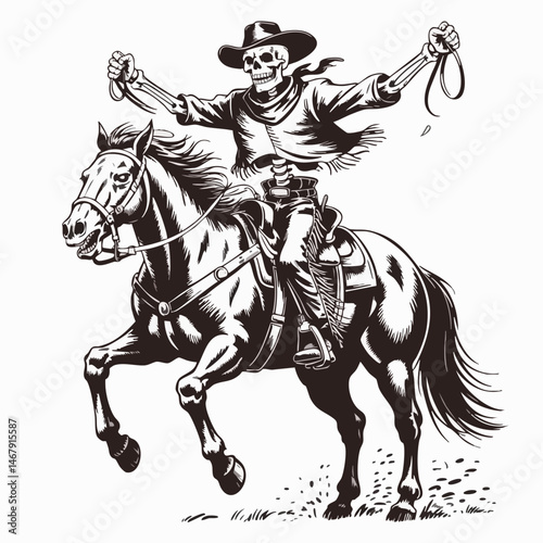 Striking Black and White Skeleton Cowboy Illustration – Triumphant Rider on Galloping Horse in Bold Western Linocut Style