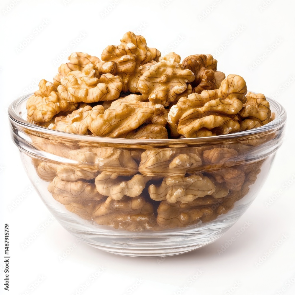 Fototapeta premium Walnut kernels in glass bowl, healthy snack isolated on white background