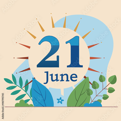  June 21 summer solstice with sun and leaves in flat design