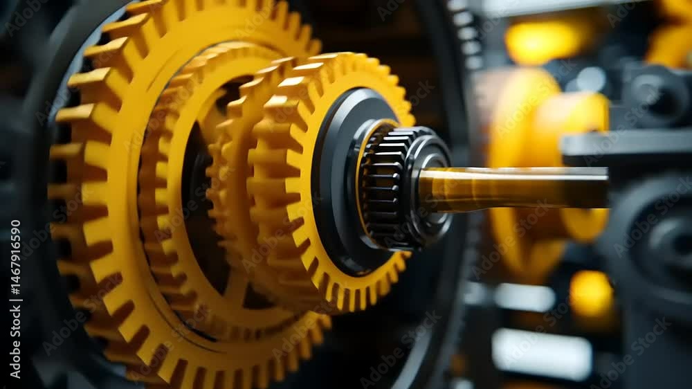 Close-up of interlocking yellow gears in a mechanical system with intricate details and textures