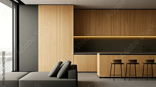 Minimalist interior Kitchen seating natural light