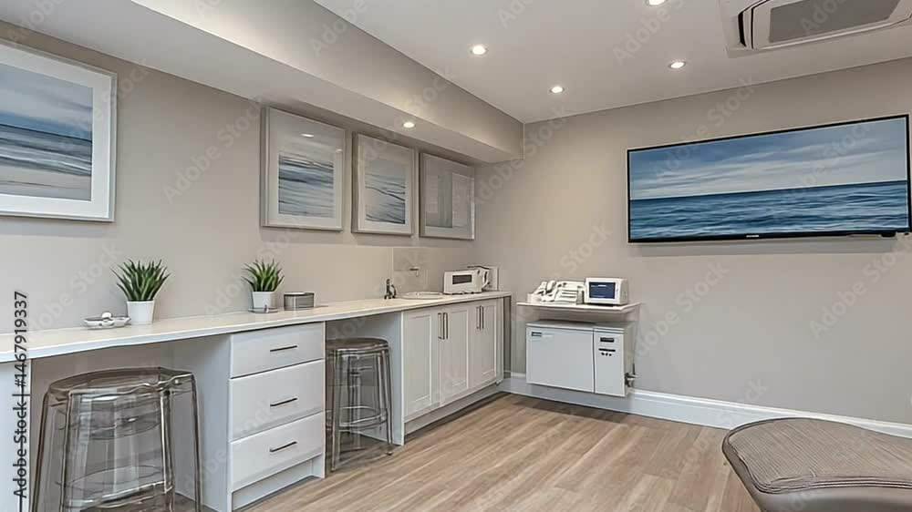 Modern spa room with serene ocean art Modern spa room with serene ocean art