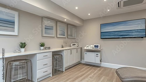 Modern spa room with serene ocean art