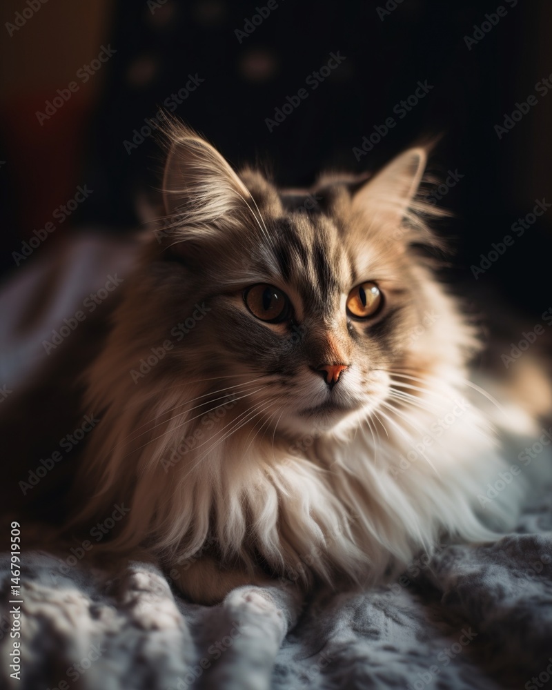 Fluffy cat resting on a bed, bathed in sunlight Fluffy cat resting on a bed, bathed in sunlight