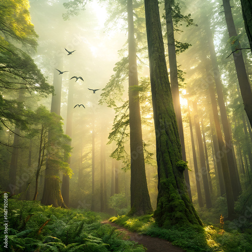 Vertical panorama of ancient redwood trees stretching into fog, human figure for scale, 6K resolution, muted green tones, awe-inspiring perspective day of forests