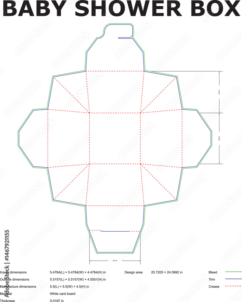 Fototapeta premium Detailed vector illustration of a baby shower box template with measurements and outlines for precise cutting and assembly