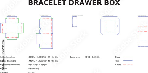 Detailed blueprint illustrations showcasing various packaging designs for bracelet drawer boxes with precise dimensions and measurements.