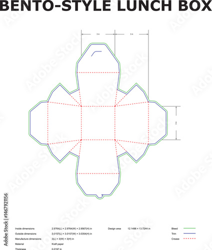 Detailed blueprint design for a bento style lunch box illustrating dimensions and cutting lines with essential information about its material.