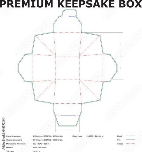 Detailed blueprint of a premium keepsake box packaging design with bleed trim and crease lines and exact manufacturing dimensions.