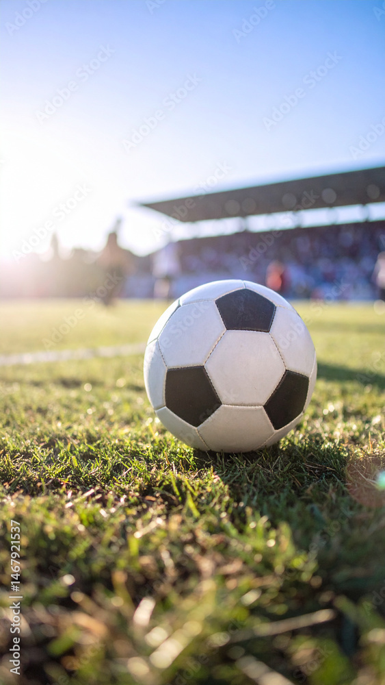 Fototapeta premium Close-up of a soccer ball at the center of a packed stadium field, with enthusiastic fans in the background. Perfect image for sports events, football passion, and the excitement of a live match.