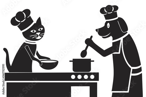 Cartoon cat and dog chefs cooking together with transparent background design