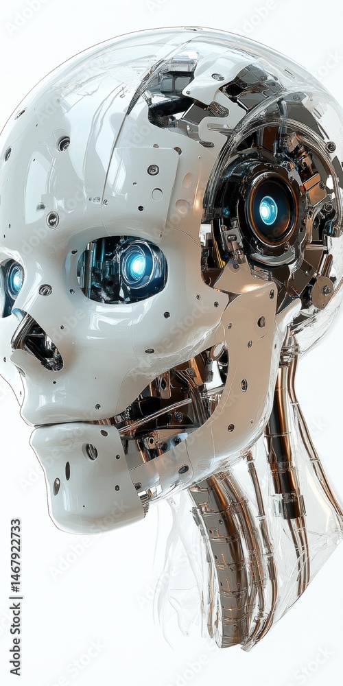 Fototapeta premium Detailed robot bust featuring transparent skull, visible mechanisms, metallic accents, and illuminated blue ocular implants