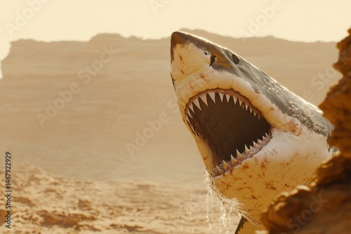 A great white shark's gaping maw dominates a desert scene, a surreal and unsettling juxtaposition.
