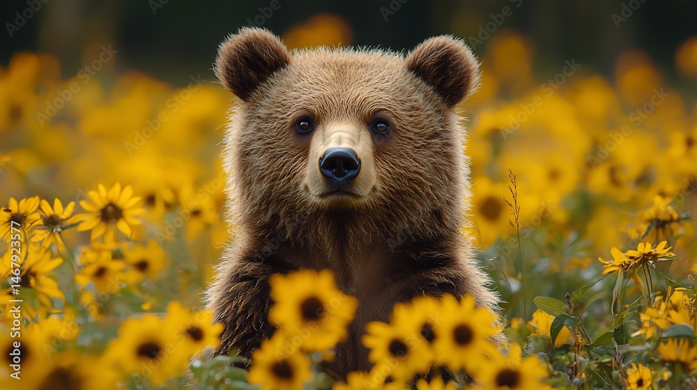 Fototapeta premium Grizzly bear in sunflower field